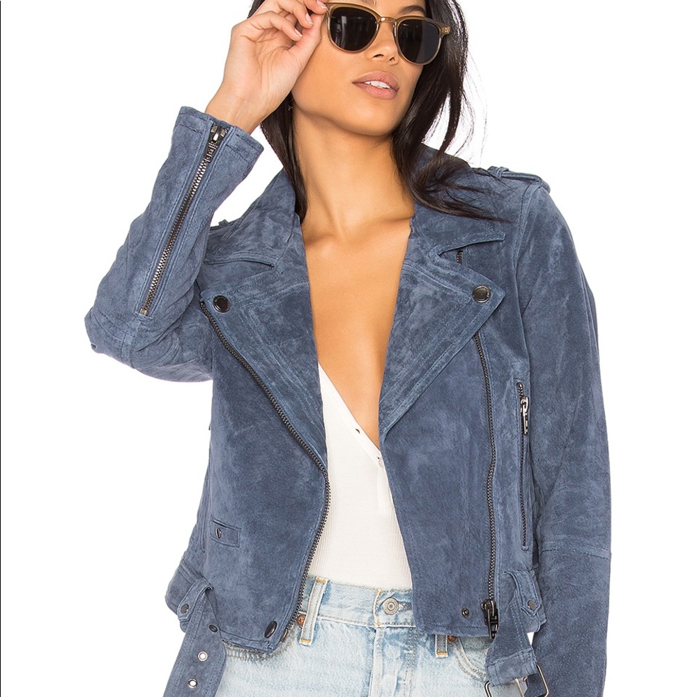 Blank NYC suede motto jacket. Slate blue. Small